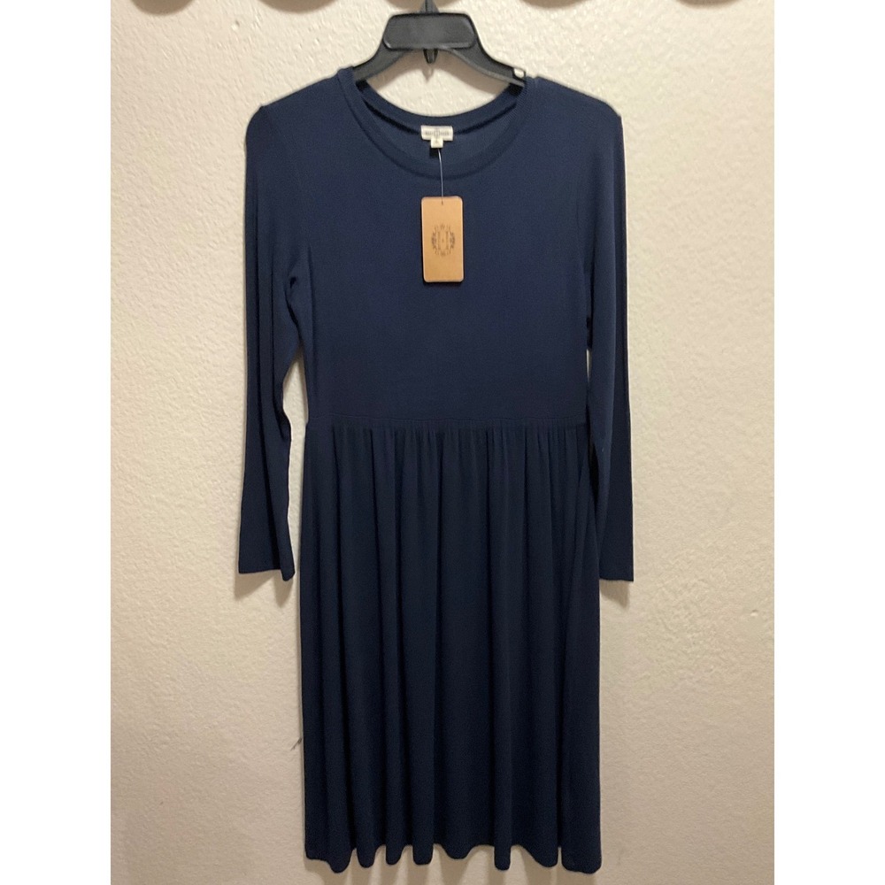 Mason Belle Navy Blue Long Sleeve Gathered Waist‎ Midi Dress Women's Size L